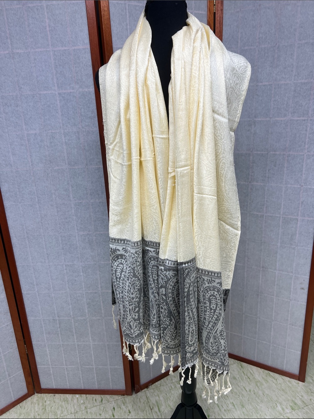 Cream and Gray Paisley Fringe Wrap Scarf